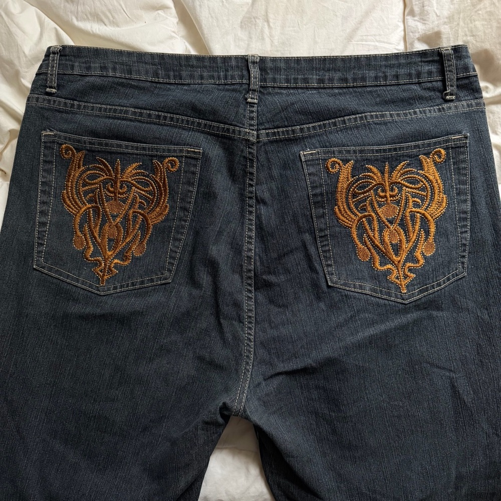 Y2K Embroidered Jeans Back Pocket Bootcut Jeans 2000s Dark Wash Denim
